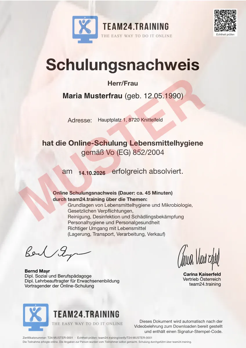 Musterzertifikat Schulungsnachweis Lebensmittelhygiene mit QR-Code zur Echtheitsprüfung